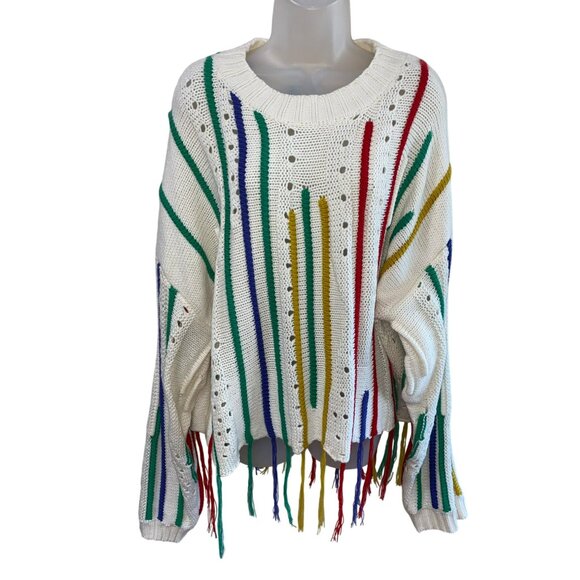 Davi & Dani Multicolor Fringe Knit Sweater L Relaxed Fit Long Sleeve Ivory - Picture 9 of 11